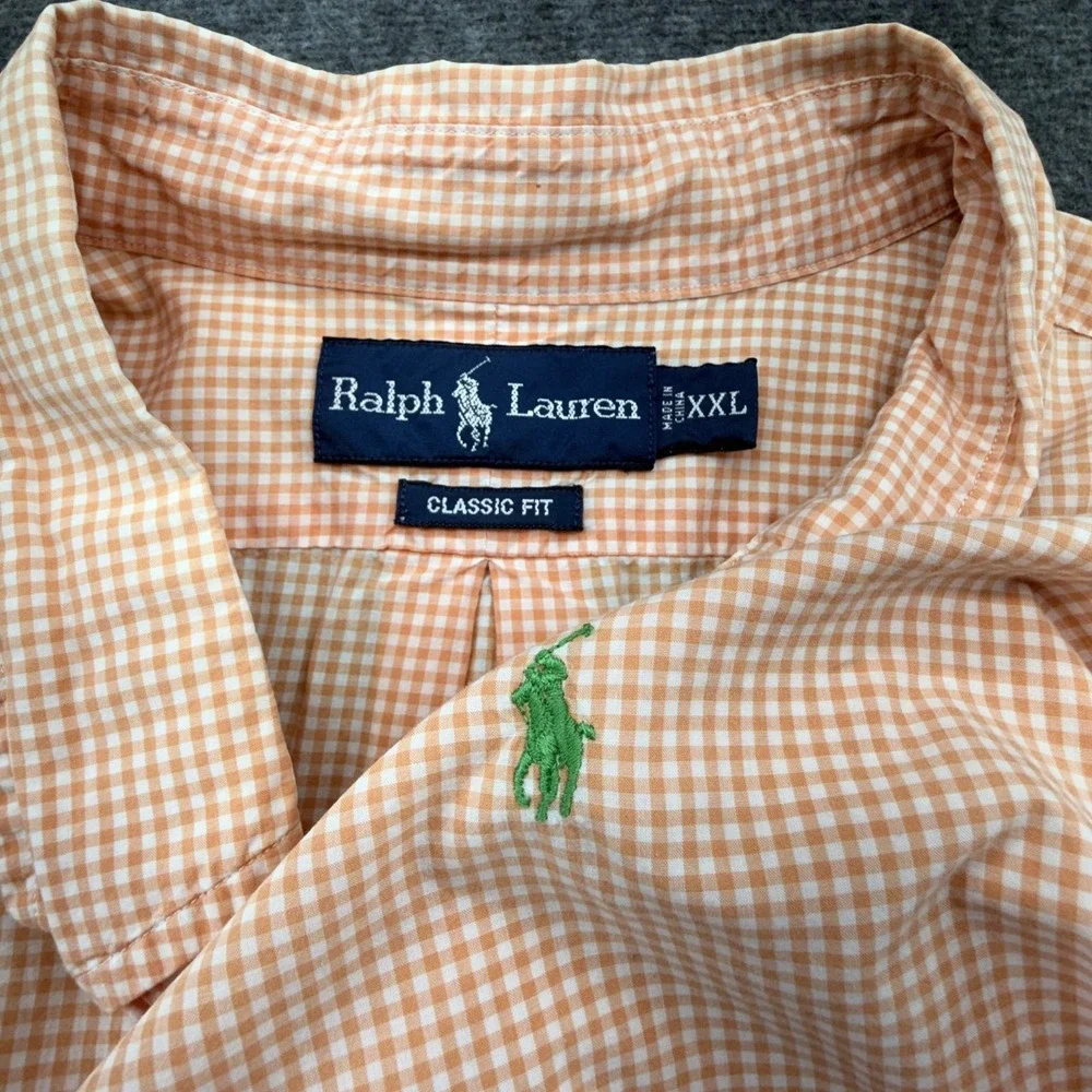 Polo Ralph Lauren Mens XXL Orange Gingham Cotton Button Up Short Sleeve Shirt